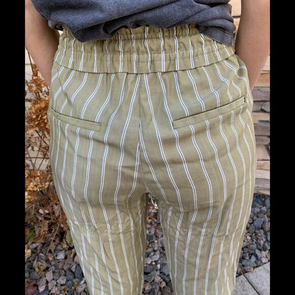 Zara Trafaluc sage/white stripes ankle length pants, drawstring waist tie, Small - Picture 5 of 6
